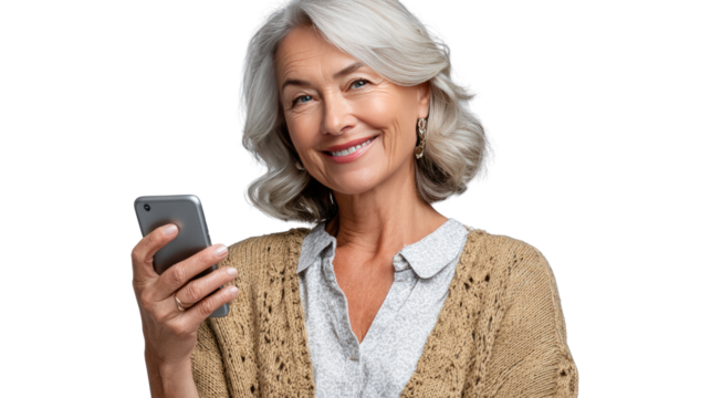 The Modern Communicator: A graceful elderly woman radiates serenity, using her cell phone to connect. Smiling and capturing her sophisticated style.