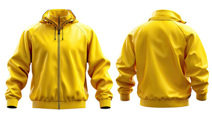Radiant Jacket Showcase: A front and rear view of a vibrant yellow jacket, displaying modern design. Captured with photorealistic quality.