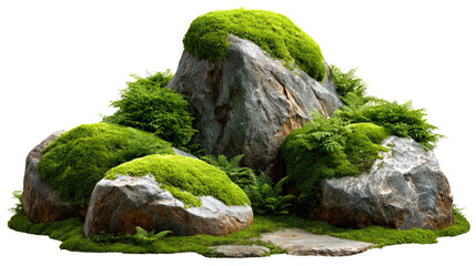 Moss-Covered Rocks: A cluster of grey rocks, generously draped in vibrant green moss and ferns, creates a serene and natural landscape.