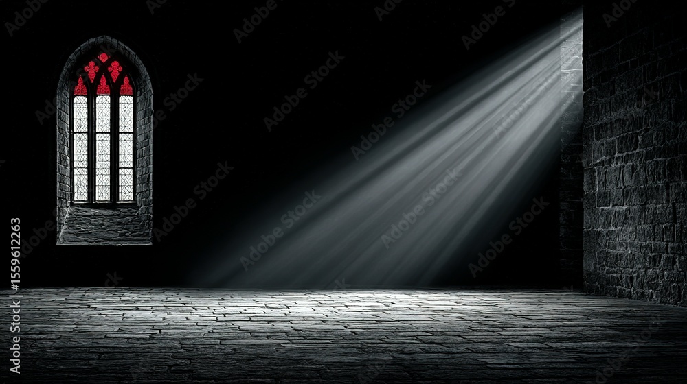 Poster light streams through a gothic window into a dark stone room.
