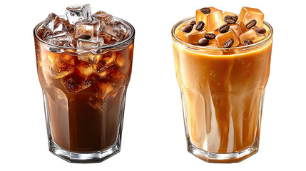 Chilled Coffee Delights: Two glasses showcasing the art of coffee, one boasting dark intensity and the other embracing a sweet, caramel twist with coffee beans, offering a visual treat.