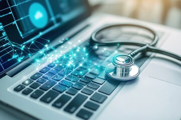 A stethoscope rests on a laptop keyboard. Digital health data visualizations appear on the screen. The scene represents modern healthcare technology and innovation.