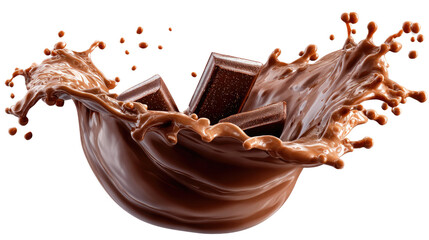 Chocolate Splash: A tantalizing depiction of a chocolate block elegantly shattering and splashing, the rich cocoa liquid gracefully forming a dynamic, mouthwatering wave.