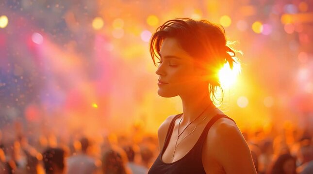 A joyful woman enjoys the vibrant atmosphere of a music festival, surrounded by colorful lights and a cheering crowd, embodying freedom and elation in a moment of pure happiness.