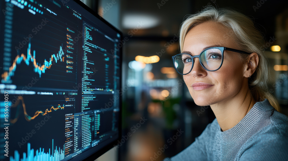 Poster data analyst reviewing digital graphs and analytics with focus and determination