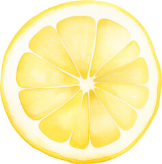 A bright lemon slice painted in watercolor. Great for refreshing drink themes and summer clipart.