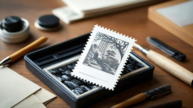 Crafting unique postcards with artistic stamps during a creative weekend project at home