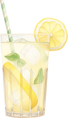 A glass of lemonade with lemon slices and ice, painted in watercolor. Refreshing design for summer and drink themes.