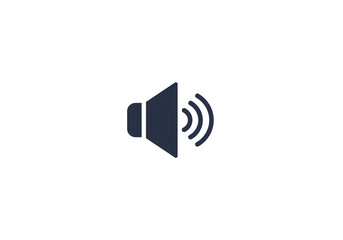 A dark blue speaker icon emitting sound waves on a plain white background in simple graphic style