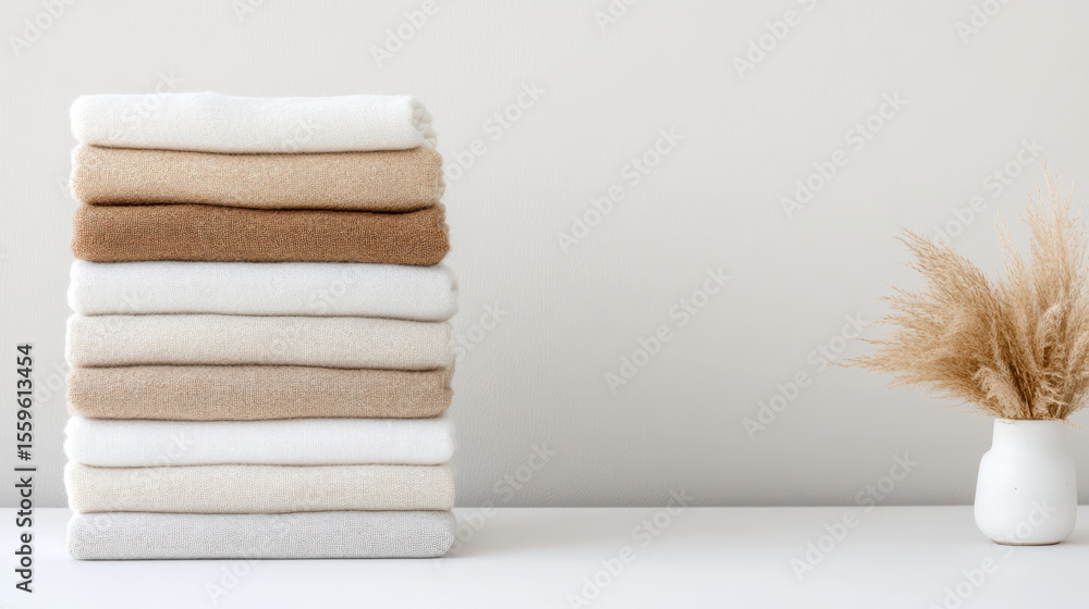 Poster soft cotton towels stacked neatly in gentle tones, creating calming atmosphere