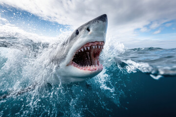Fototapeta premium Dramatic shark emerging from the ocean surface with open jaws, displaying sharp teeth in a powerful action scene