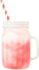 A pink strawberry smoothie in a glass with garnish. Watercolor illustration suitable for summer dessert and drink design.