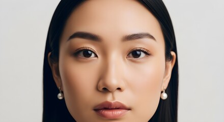 Fototapeta premium Serene Gaze: Close-up Portrait of a Young Woman with Pearl Earrings