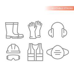 Ppe or personal protective equipment with vest and gloves line icons. Hardhat or helmet, earmuffs, respirator and protection vest workwear icon vector set.