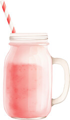 A pink strawberry smoothie in a glass with garnish. Watercolor illustration suitable for summer dessert and drink design.