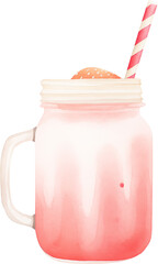 A pink strawberry smoothie in a glass with garnish. Watercolor illustration suitable for summer dessert and drink design.
