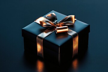 Isolated gift box with metallic bow glowing softly against deep black surface