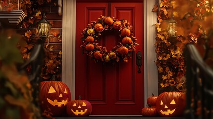Obraz premium Halloween wreaths, lights, and ornaments