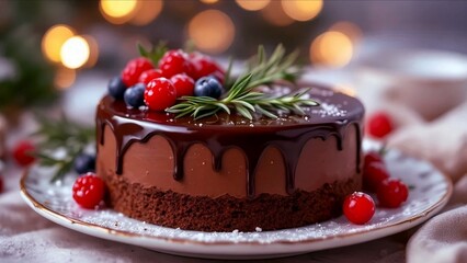 Chocolate cake slice with cherry topping served on a plate