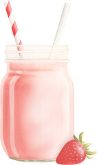 A pink strawberry smoothie in a glass with garnish. Watercolor illustration suitable for summer dessert and drink design.