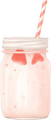 A pink strawberry smoothie in a glass with garnish. Watercolor illustration suitable for summer dessert and drink design.