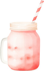 A pink strawberry smoothie in a glass with garnish. Watercolor illustration suitable for summer dessert and drink design.