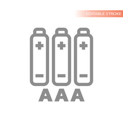 Three aaa battery type line icon. AAA 3 batteries editable stroke vector.