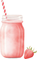A pink strawberry smoothie in a glass with garnish. Watercolor illustration suitable for summer dessert and drink design.