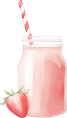 A pink strawberry smoothie in a glass with garnish. Watercolor illustration suitable for summer dessert and drink design.