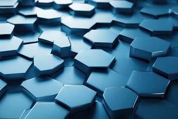 A close-up view of interlocking hexagonal shapes in a glossy blue finish. The surface appears smooth and reflective, creating a modern and futuristic look.
