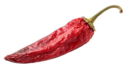 A single dried red chili pepper with stem on a plain surface on transparent background