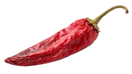 A single dried red chili pepper with stem on a plain surface on transparent background