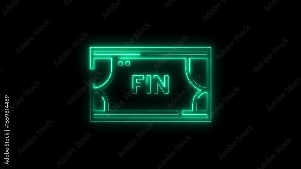 Poster glowing neon animation displaying text fin isolated on a black background perfect for intros