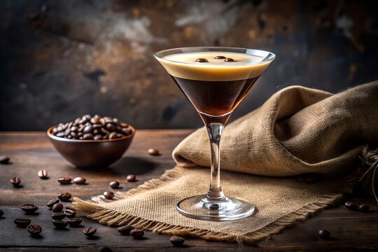 A delicious espresso martini cocktail garnished with coffee beans sits on a rustic wooden table next to a bowl of coffee beans and a burlap napkin