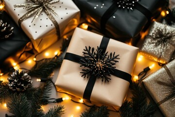 Horizontal Xmas poster featuring glowing lights garland, black snowflake accents, glittery gold confetti, and wrapped presents