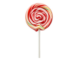 A close-up of a red and white swirly lollipop on a stick.