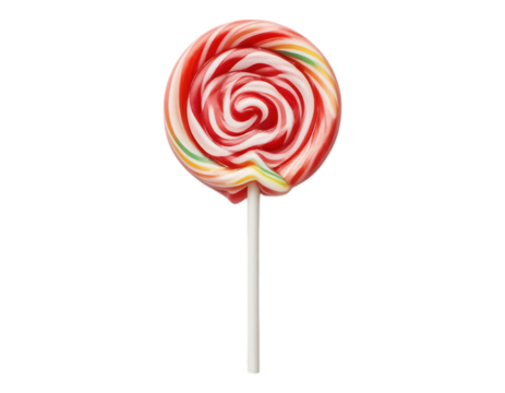 A close-up of a red and white swirly lollipop on a stick.