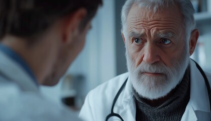 A white-haired senior doctor is seriously examining a patient in the hospital, the senior doctor is explaining the condition to the patient and the patient's family members.