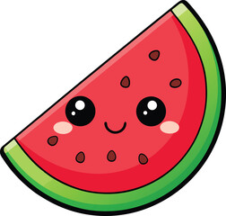 Vector Illustration of a Kawaii Watermelon Slice with Cute Smiling Face and Pink Cheeks
