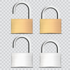 Security Padlocks: Open and Closed, Gold and Silver Metal Vector.