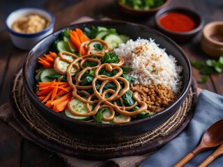 Delicious chicken dishes with rice noodles and vegetable salad for lunch or dinner