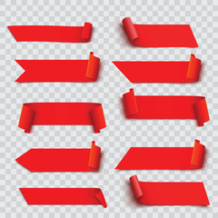 Red Realistic Paper Ribbons and Banners Set with Curled Edges Vector illustration