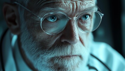 Close up photo of a white-haired senior doctor wearing glasses