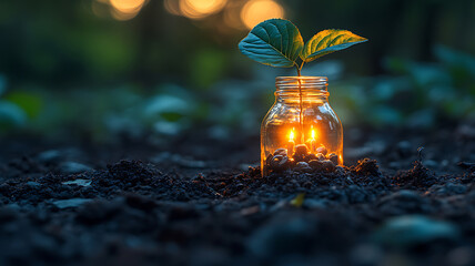 Seedling emerges from jar with candles on earth dark background symbolizing growth and hope