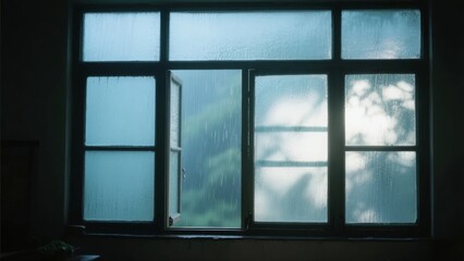 Fototapeta premium Raindrops on a Window Pane with Blurred Outdoor View