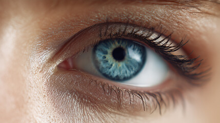 Extreme close-up of a blue eye, showing detailed iris texture, natural eyelashes, and vibrant color, perfect for vision, beauty, health, and human concept imagery.