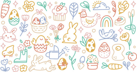 Easter Doodle Vector | Eggs, Bunny, Basket, Cross, Church, Candles, Spring Symbols