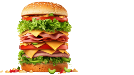 Towering gourmet sandwich with multiple layers isolated on white background
