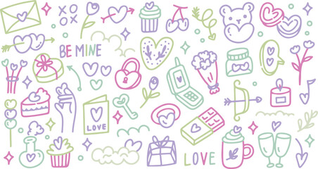 Romantic Valentine Doodle Vector | Hearts, Love, Gifts, Rings, Wine, Roses