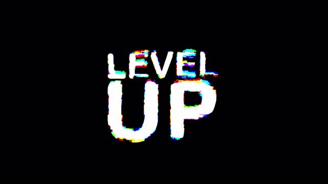 Level up glitch text animation. Getting a new level. Level up. Earned a level up. Glitch effect style text. 4k Video